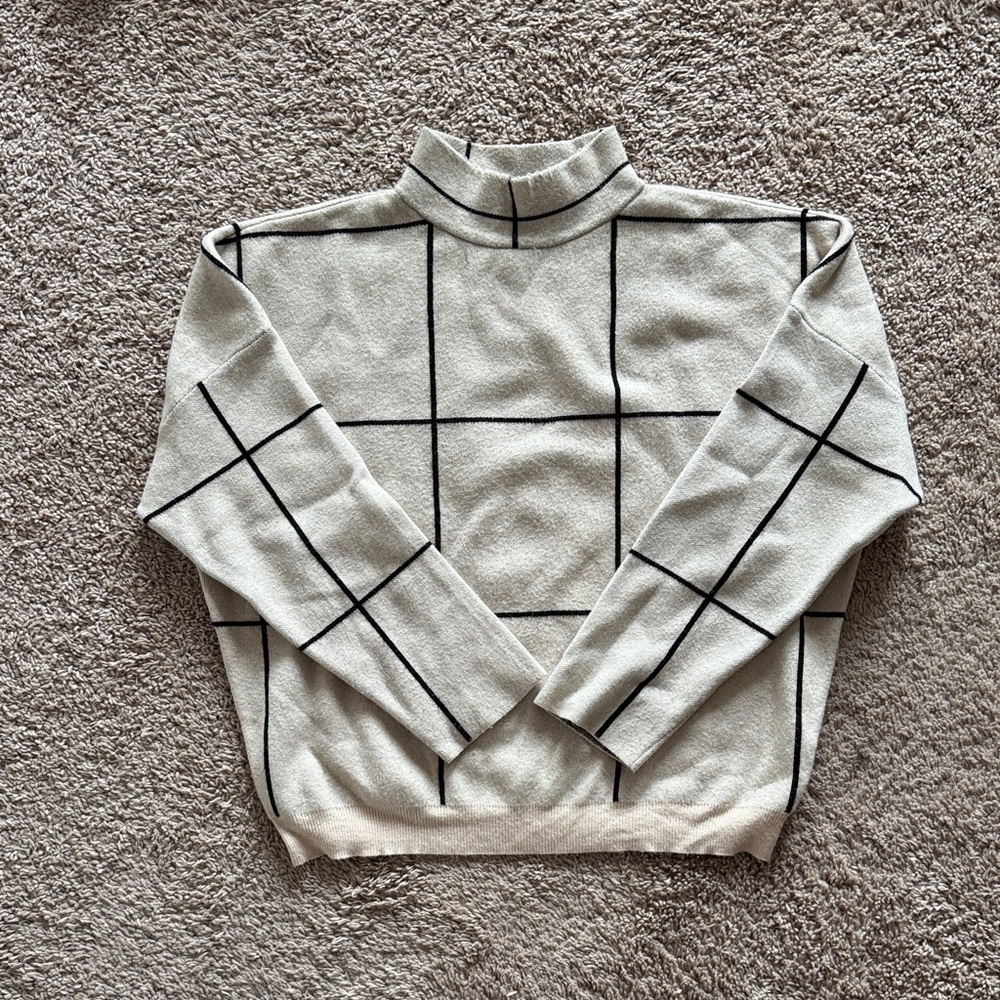Women's Cream and Black Grid Turtleneck Sweater